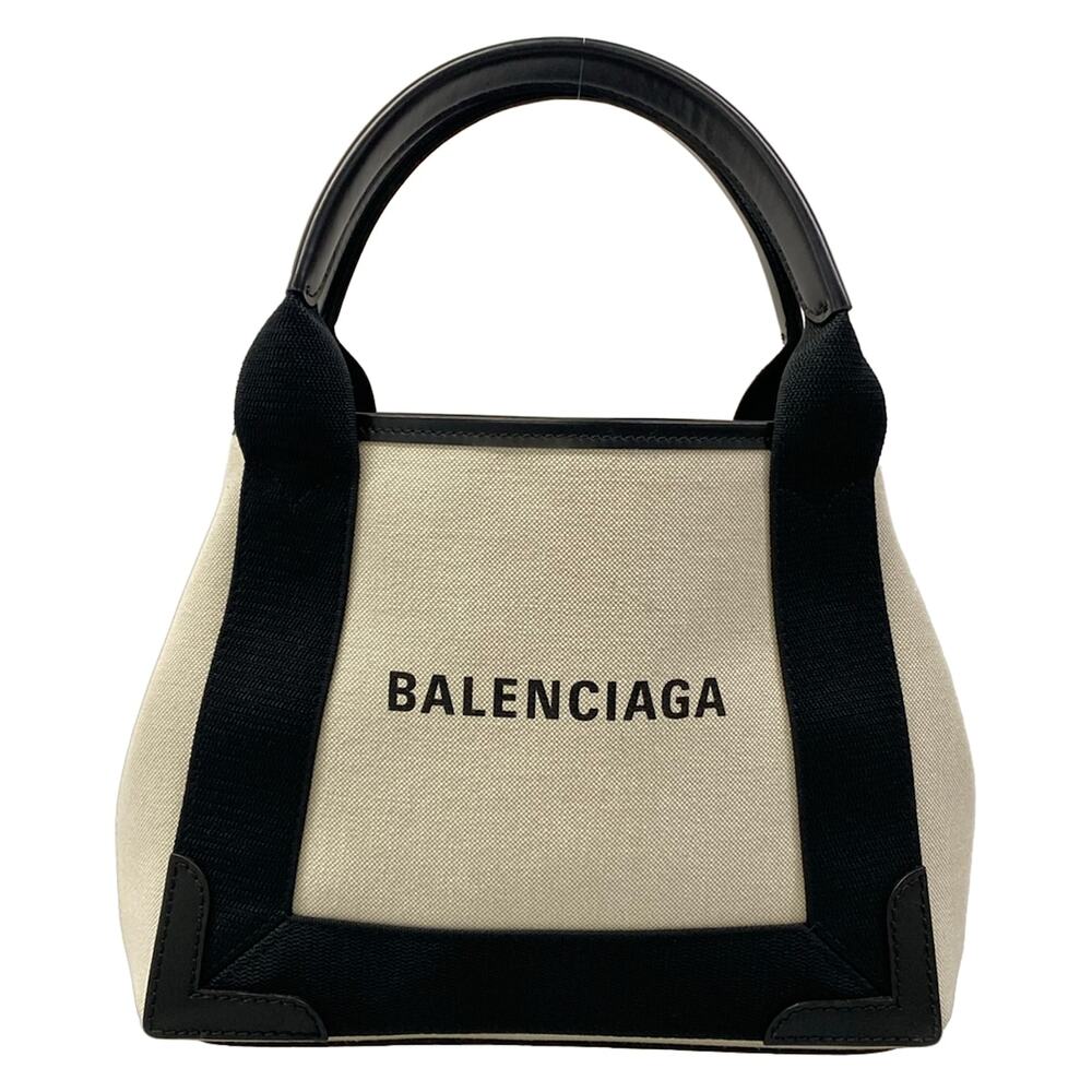 Balenciaga Navy Cabas XS Tote Bag 390346 Black Cream Canvas Leather
